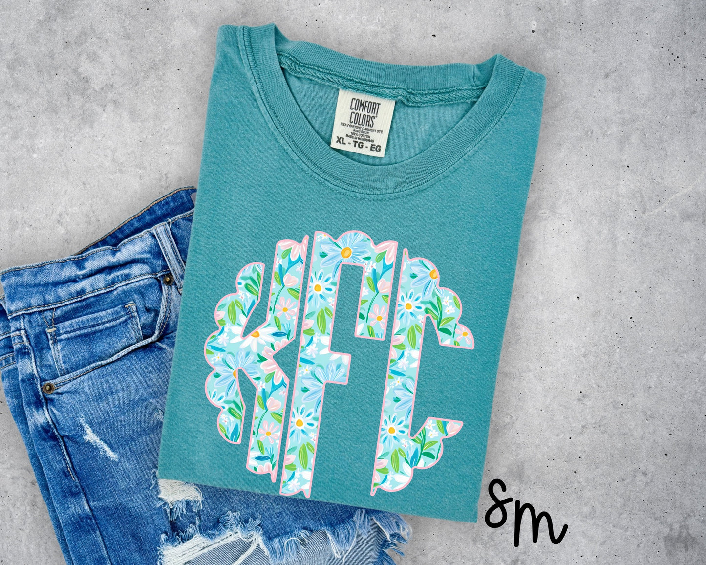 Light Blue and Green Floral Scallop Monogram