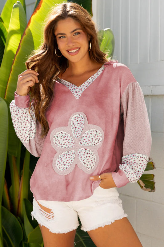 Pink Floral Patched Waffle Textured Colorblock V Neck Casual Hooded Top