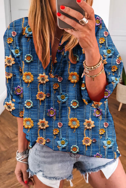Blue Floral Collared V Neck Roll up Sleeve Shift Blouse