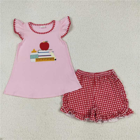 Apple and Stack of Books 2pc Checkered Shorts