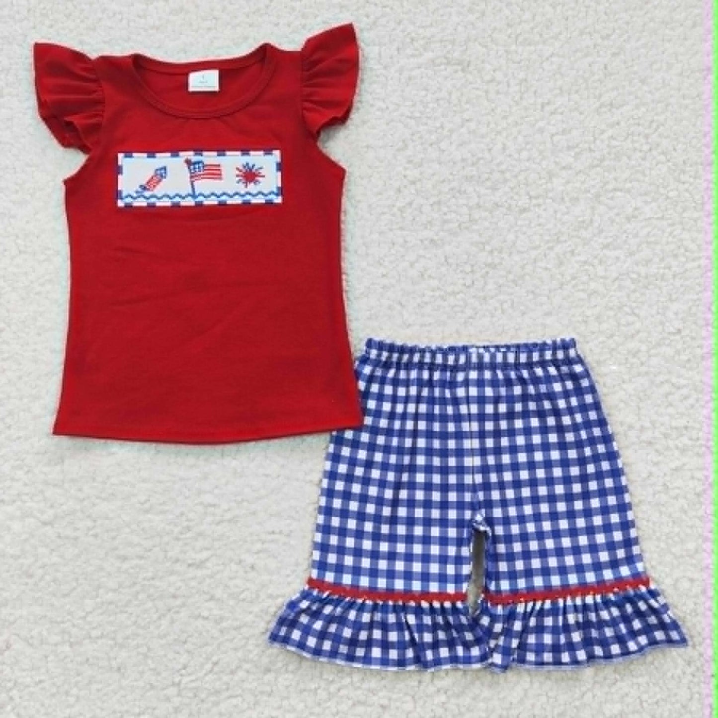 Rocketship, Flag and Fireworks with Plaid Ruffle Shorts
