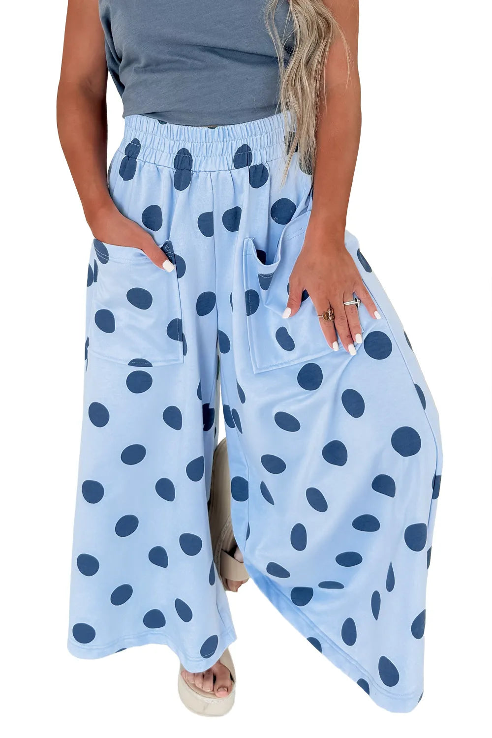 Sky Blue Polka Dot Wide Leg Elastic Waist Casual Pants- S-4X
