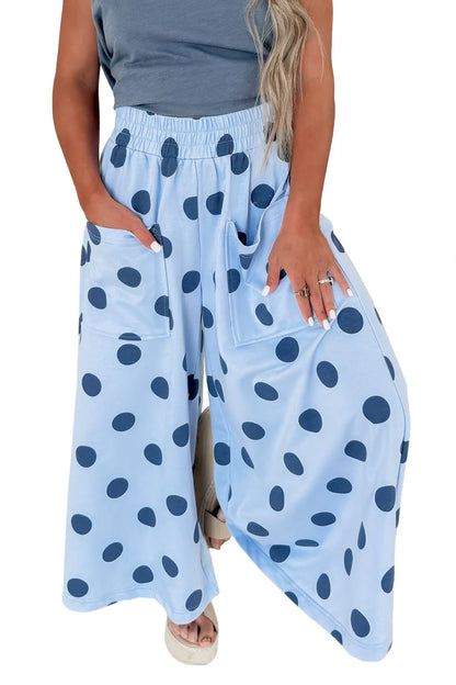 Sky Blue Polka Dot Wide Leg Elastic Waist Casual Pants- S-4X