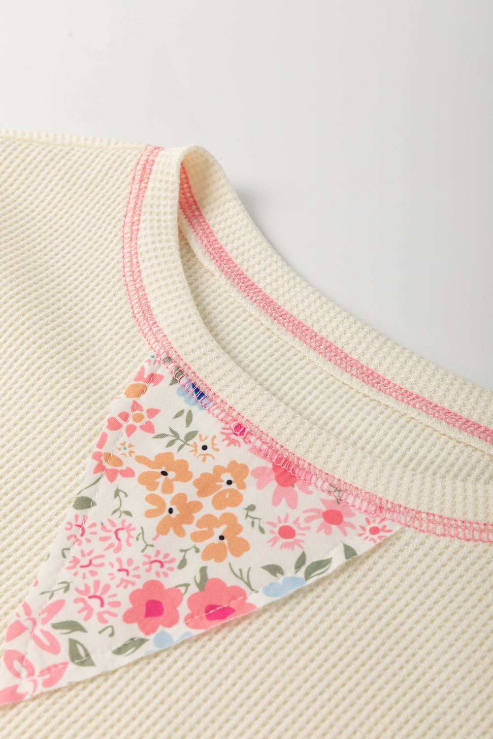 Beige Floral Patchwork Chest Pocket Wide Sleeve Waffle T Shirt