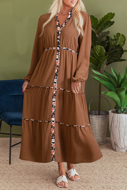 Chestnut Floral Patchwork Detail Notched Neck Long Sleeve Maxi Dress