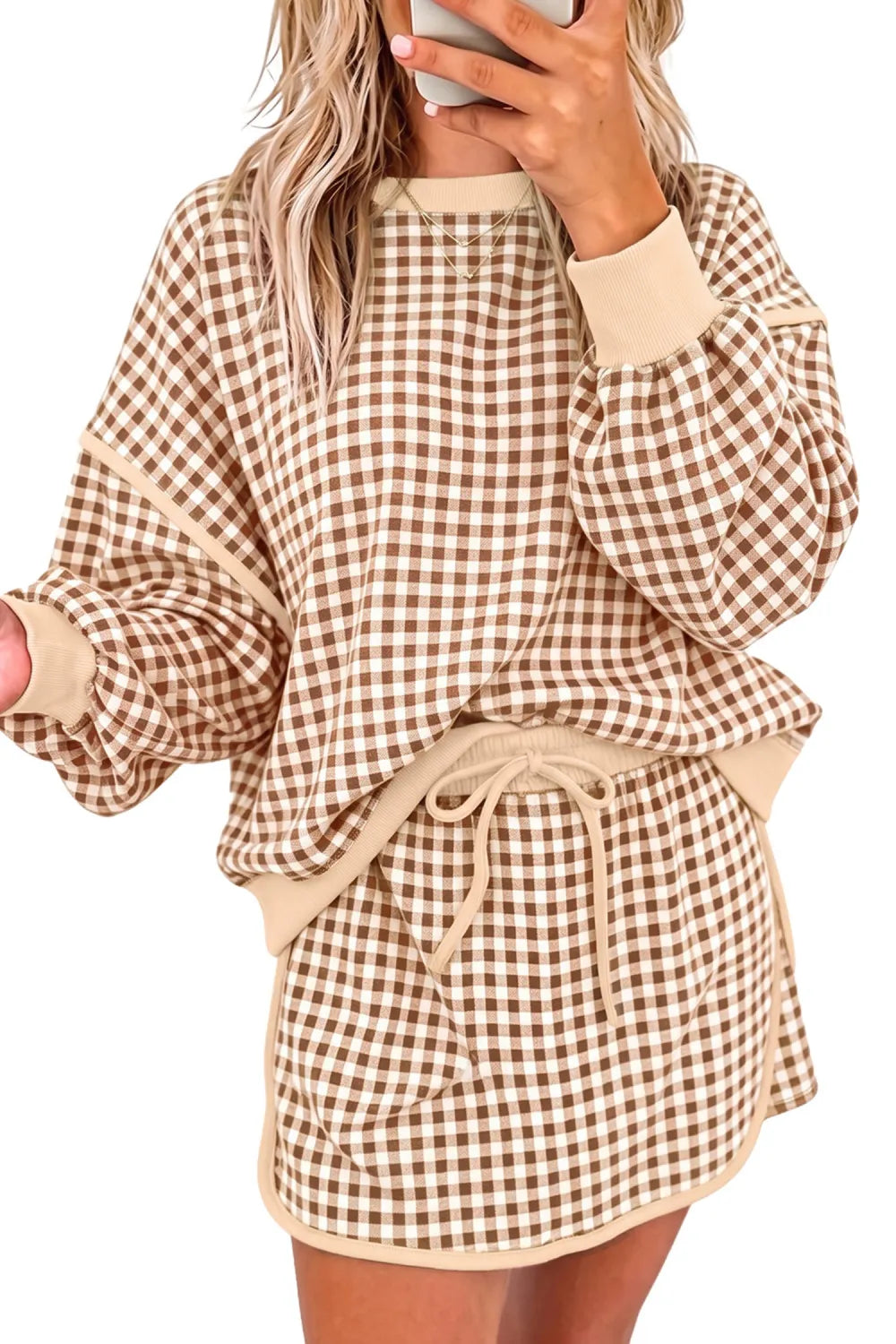 Brown Gingham Oversize Skort Set