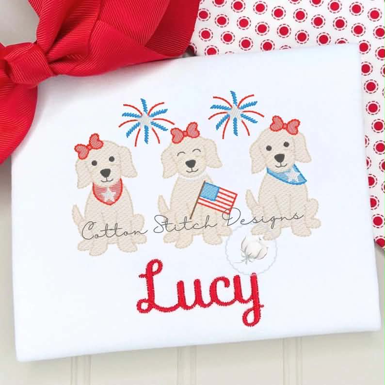 Embroidered Patriotic Puppy Trio Sketch Shirt