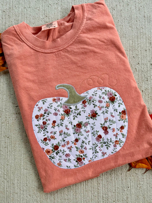 Floral Pumpkin Embroidered Applique Short Sleeve