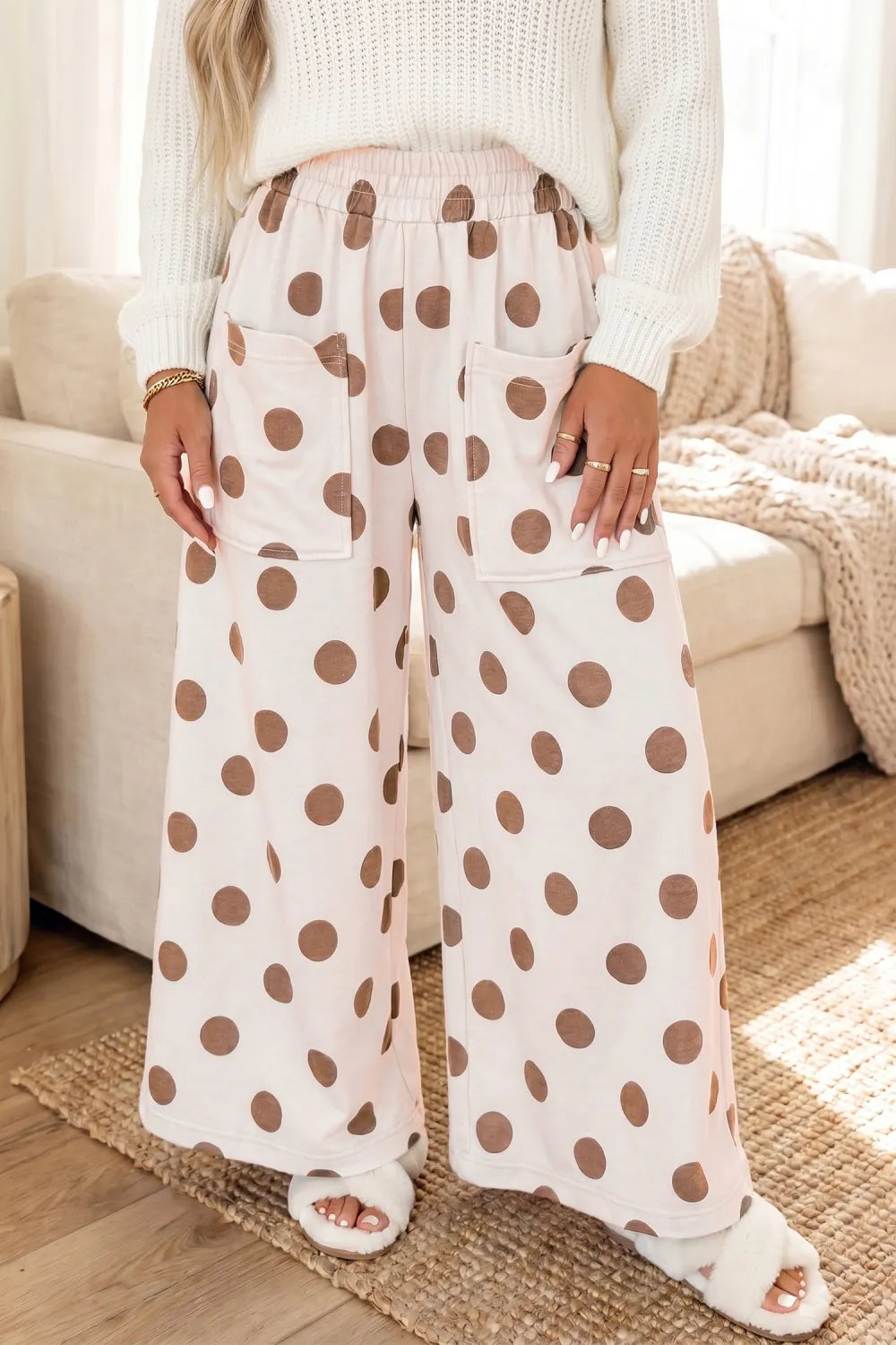 Khaki Polka Dot Wide Leg Elastic Waist Casual Pants- S-4X