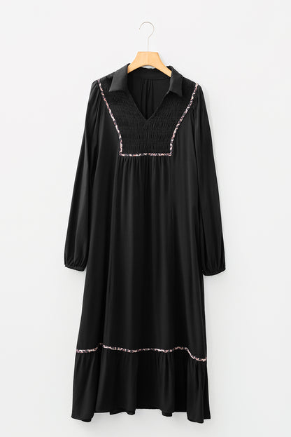 Black Collared V Neck Smocked Detail Contrast Leopard Trim Bracelet Sleeve Long Dress