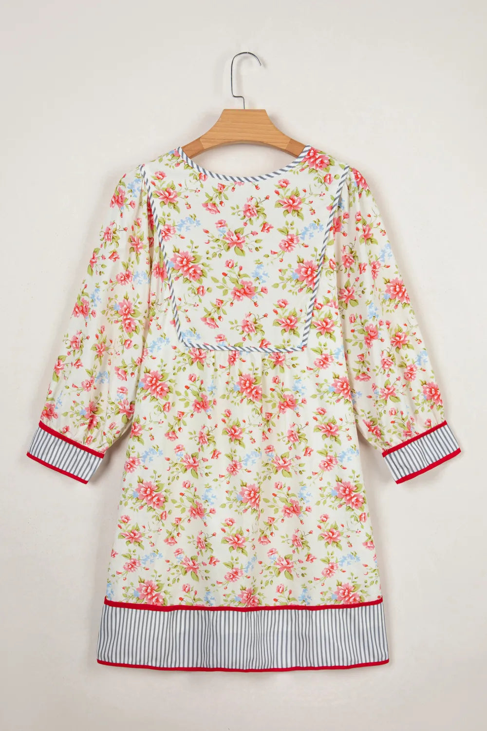 Apricot Striped Edge 3/4 Puff Sleeve Floral Dress