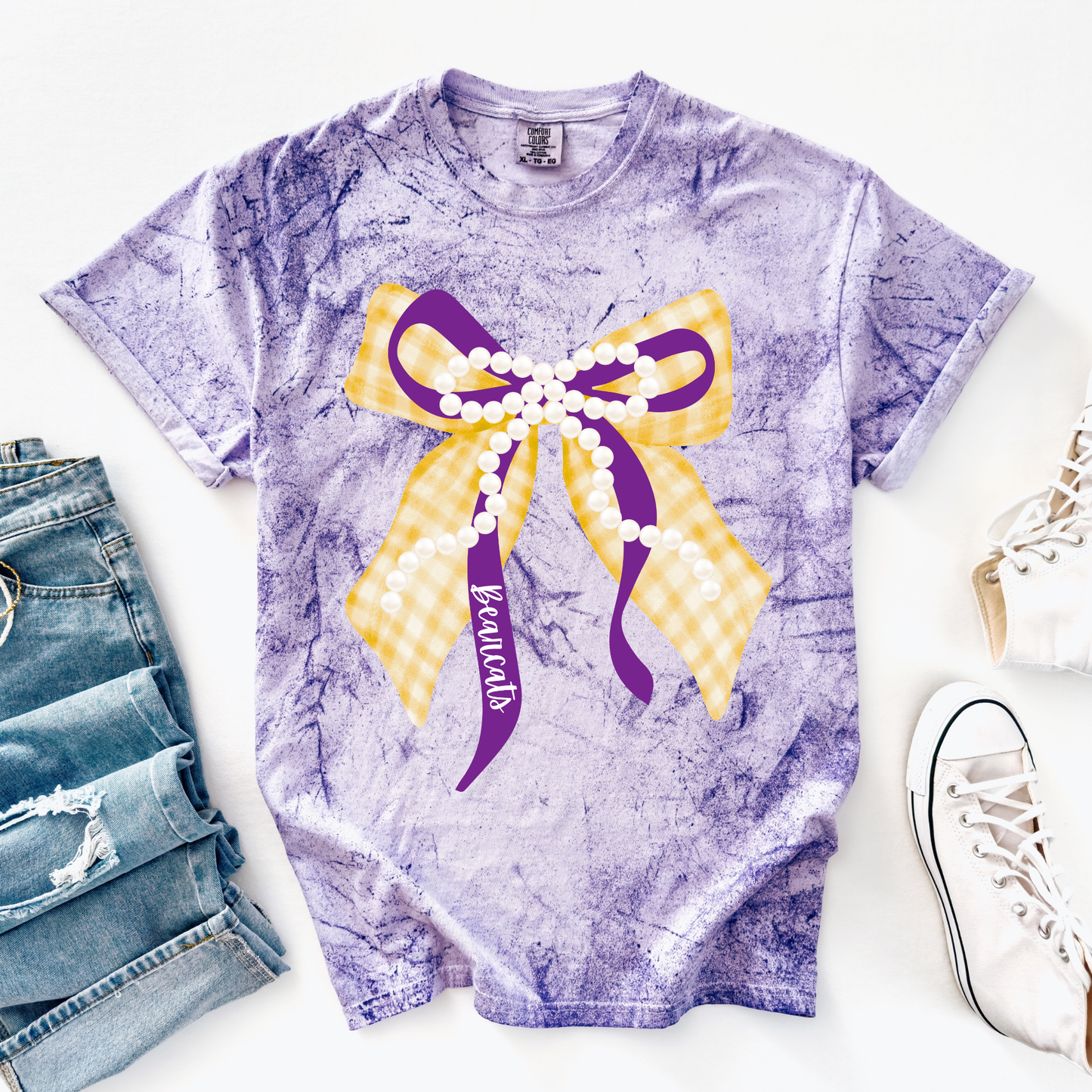 Yellow and Purple Bearcats Bow with Pearls