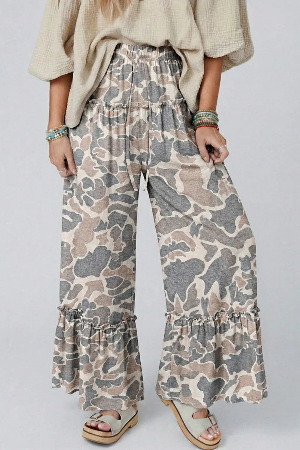 Multicolour Camo Print Wide Leg Pants