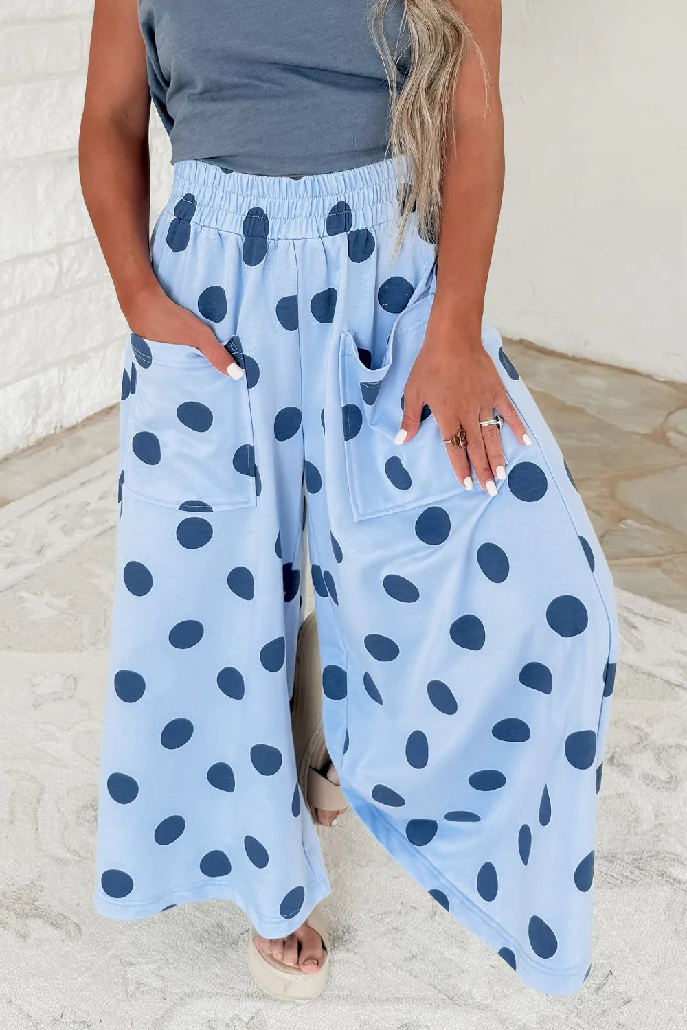 Sky Blue Polka Dot Wide Leg Elastic Waist Casual Pants- S-4X