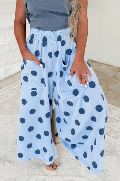 Sky Blue Polka Dot Wide Leg Elastic Waist Casual Pants- S-4X