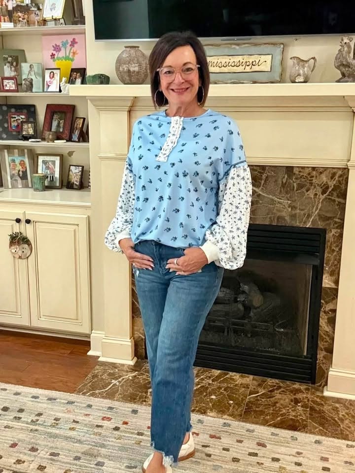 Sky Blue Floral Print Long Sleeve