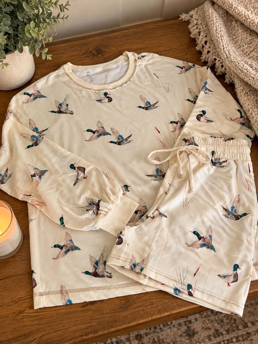 Beige Free Mallard Print Long Sleeve Top Drawstring Short Set- PREORDER