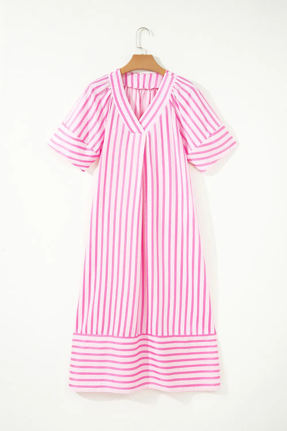 Pink Stripe V Neck Short Sleeve Shift Long Dress