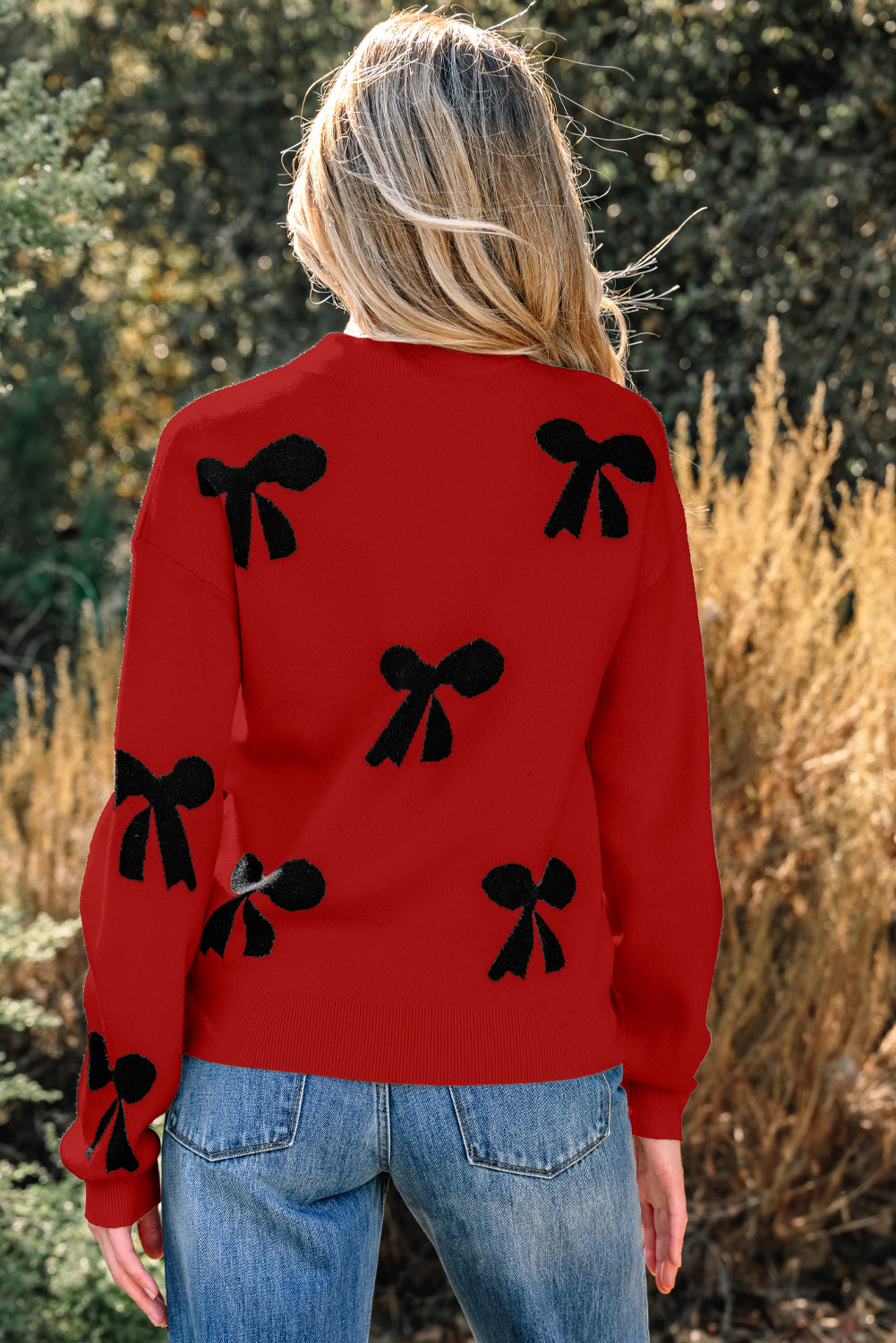 Racing Red Pearl Embellished Bow Pattern Loose Sweater