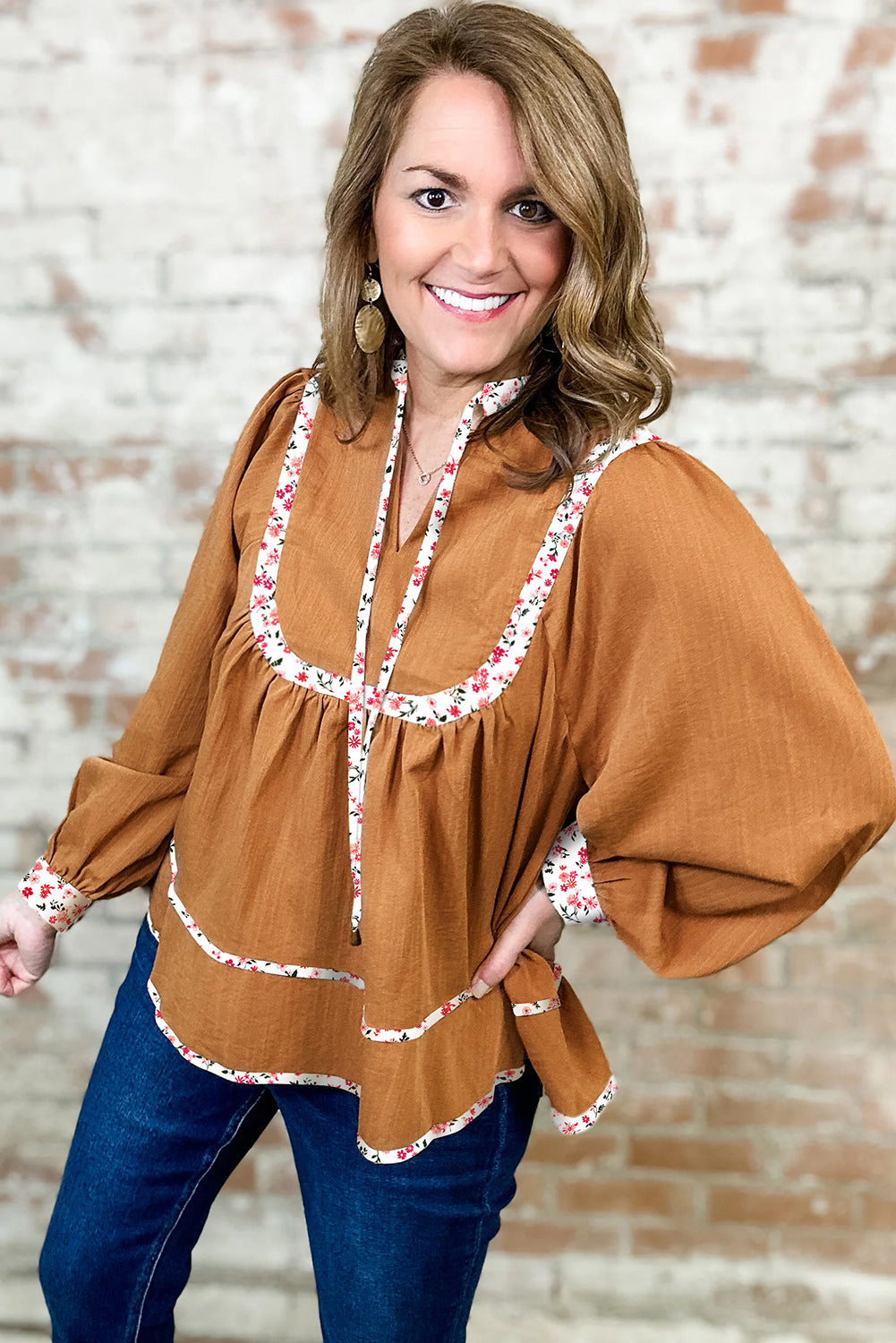 Straw Yellow Split Neck Pleated Floral Trim Long Puff Sleeve Blouse