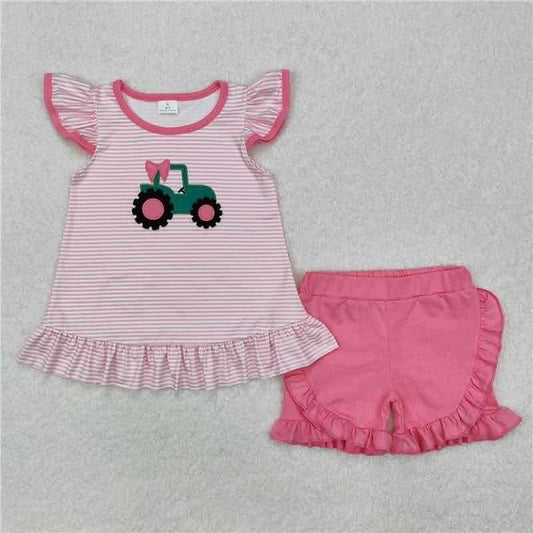 Green Tractor Pink Short Set