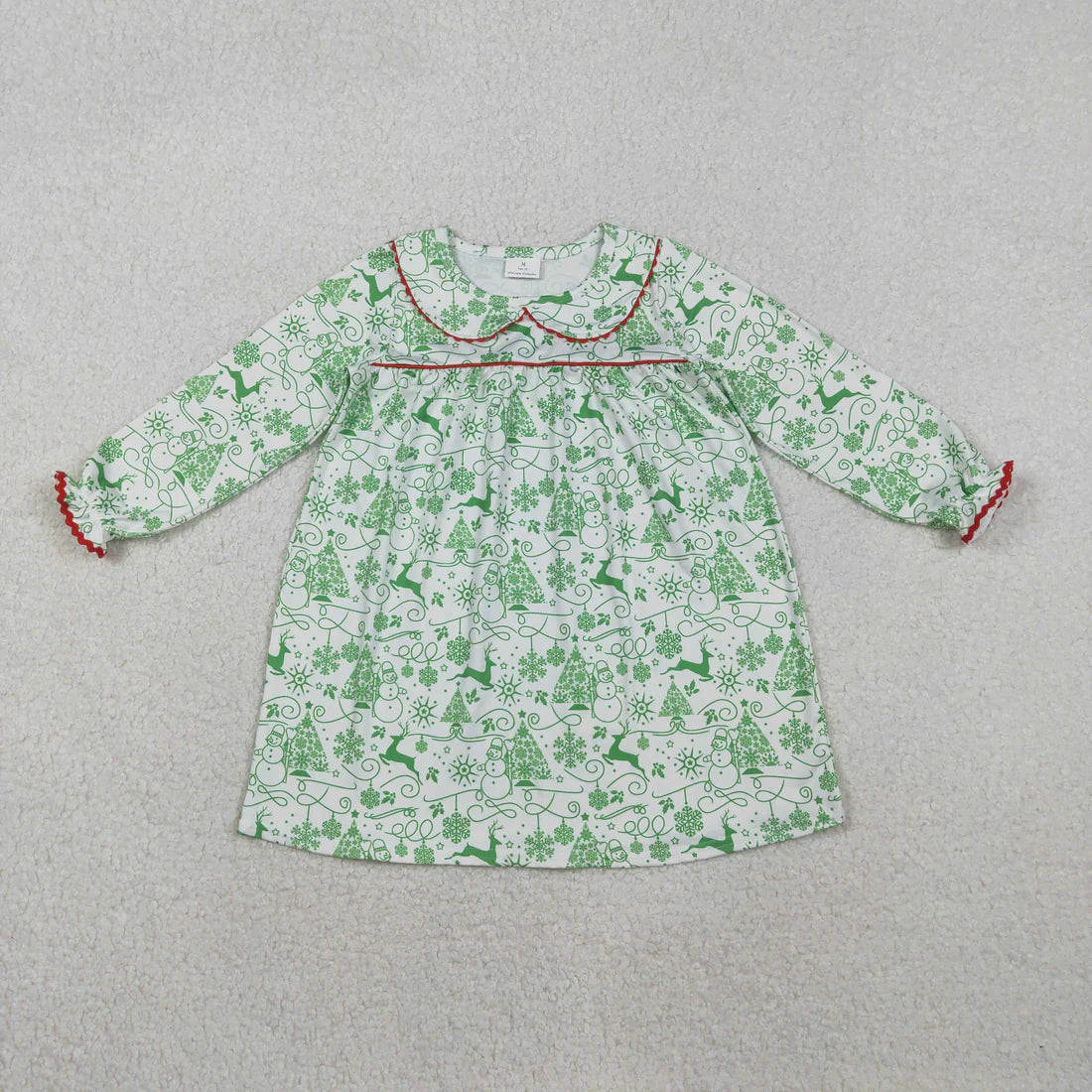 Christmas Tree Snowman Green and White Peter Pan Collar Long-Sleeved Dress
