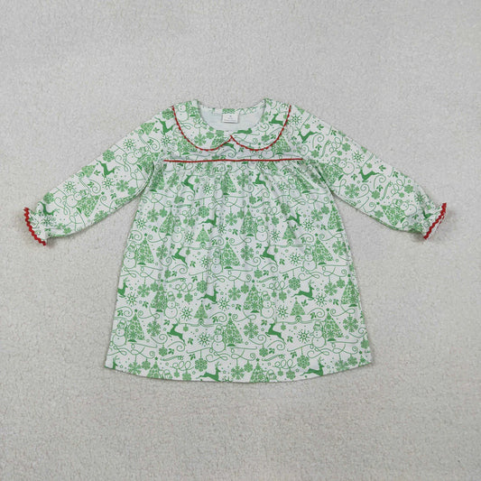 Christmas Tree Snowman Green and White Peter Pan Collar Long-Sleeved Dress