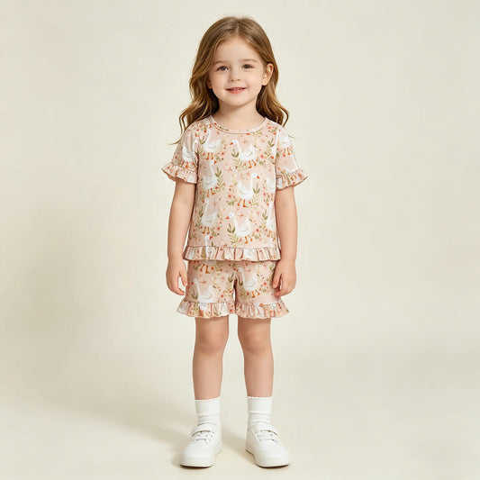 Flowers Goose Top Ruffle Shorts