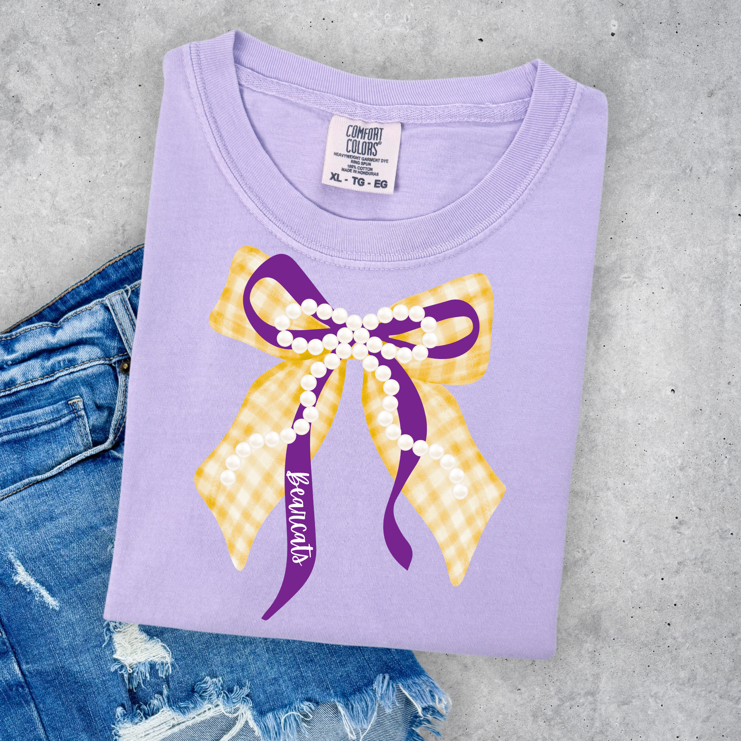 Yellow and Purple Bearcats Bow with Pearls