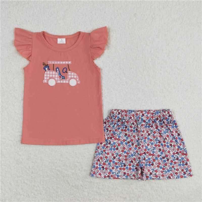 Golf Cart Applique Red and Coral Floral Short Set