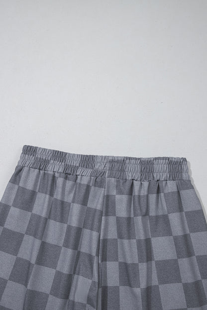 Gray Checkered V Neck Tee Drawstring Shorts Lounge Set