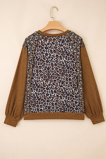 Brown Leopard Floral Print Ribbed Puff Sleeve Patchwork Loose Pullover