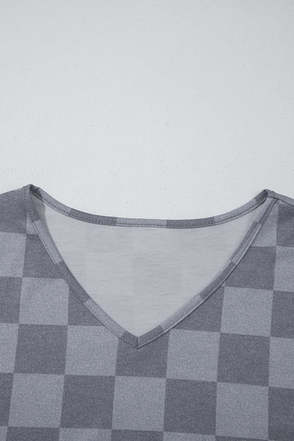 Gray Checkered V Neck Tee Drawstring Shorts Lounge Set