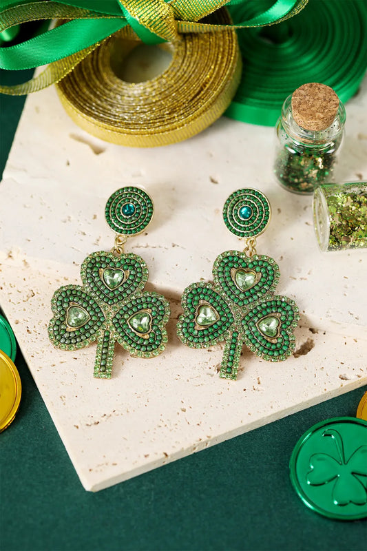 Green St Patrick Retro Beaded Clover Earrings