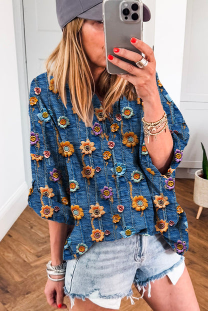 Blue Floral Collared V Neck Roll up Sleeve Shift Blouse