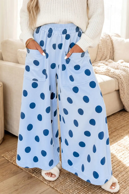 Sky Blue Polka Dot Wide Leg Elastic Waist Casual Pants- S-4X