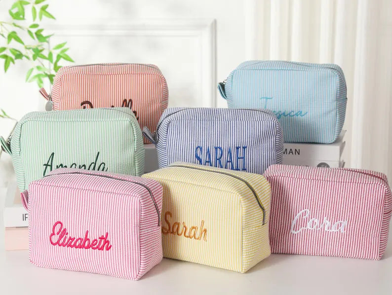 Embroidered Seersucker Makeup Bags