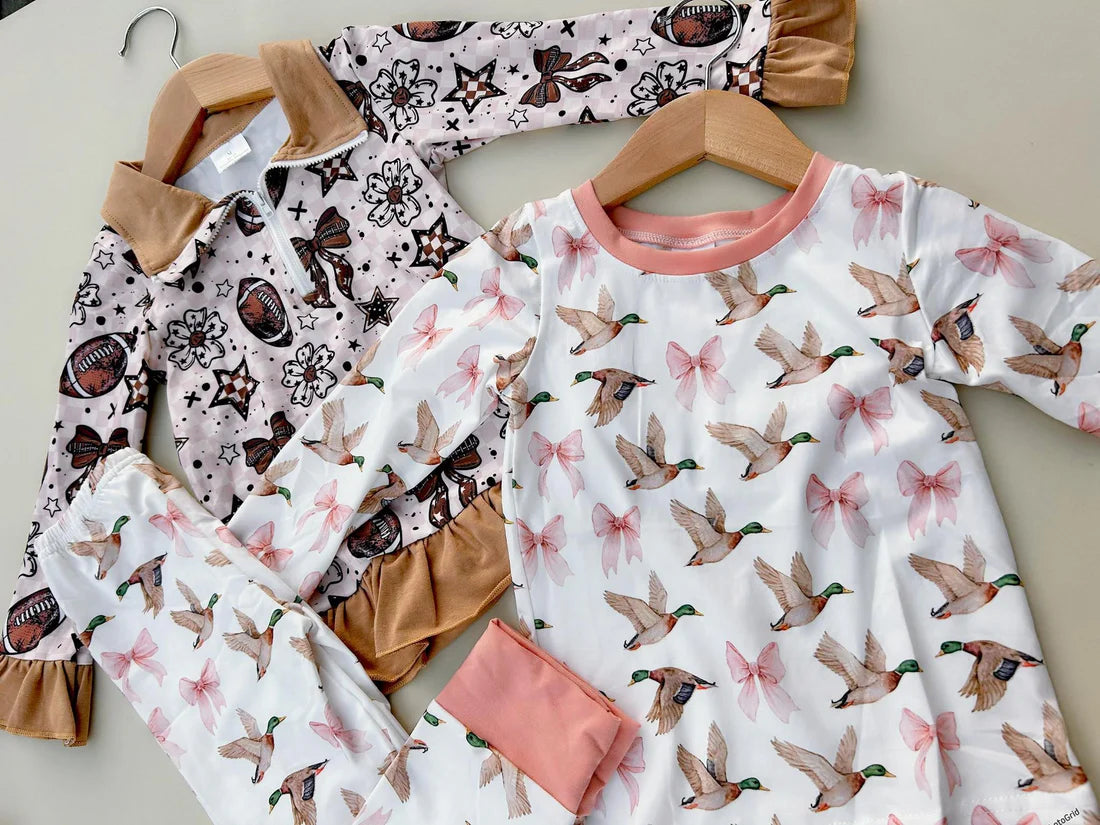 Mallard and Pink Bow PJ Set and Football Pullover