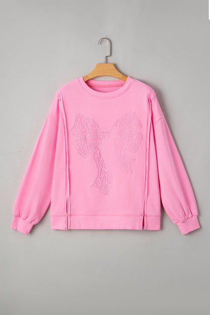Bonbon Lace Insert Bow Embroidered Exposed Seam Sweatshirt