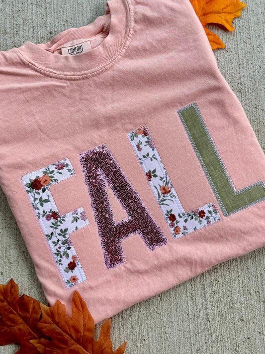 Fall Multi Colored Pink Themed Embroidered Applique Short Sleeve