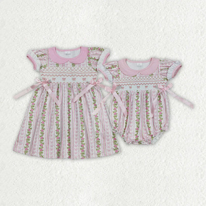 Embroidered Pink Bows and Floral Short Sleeve Bubble