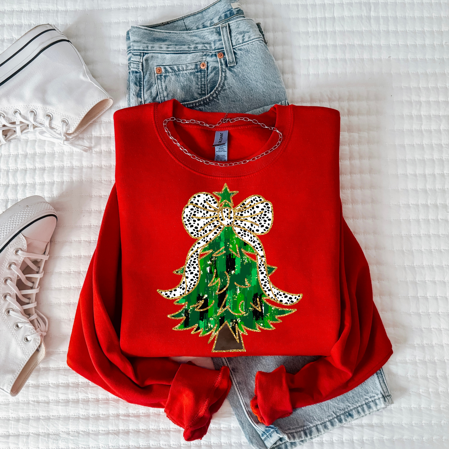 All Green Watercolor Tree with Polka Dot Bow