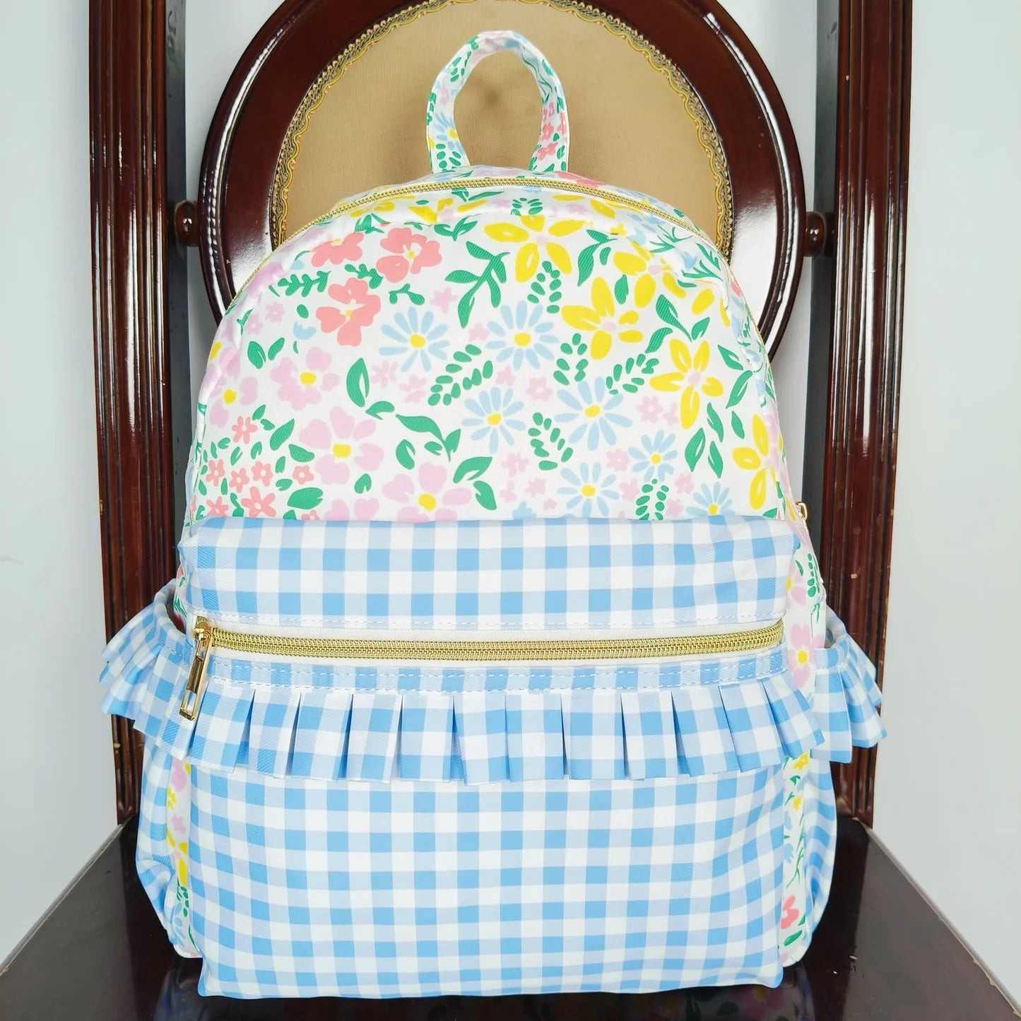 Flower Blue Checkered Ruffle Backpack