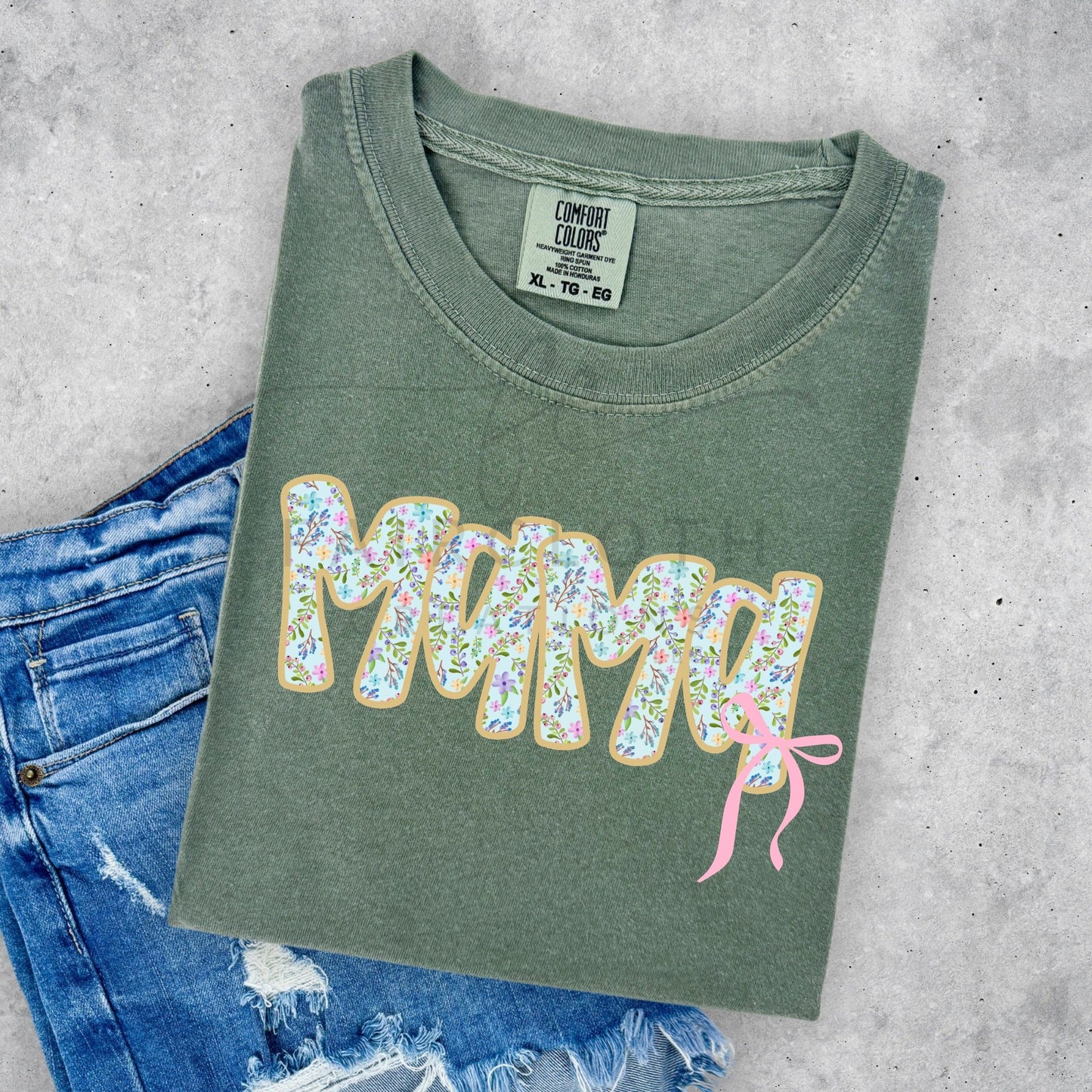 Blue Floral Mama with Pink Bow