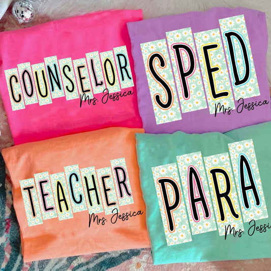 Blue White Diasies with Job Title and Name