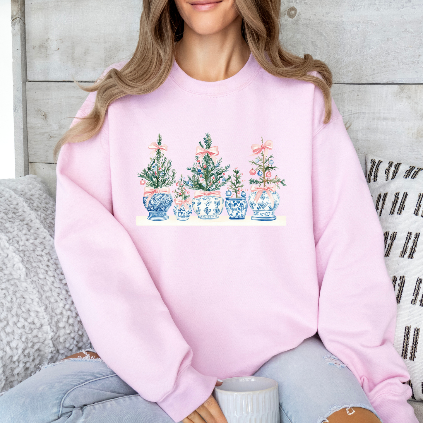 Christmas Tree Pink Bow Blue Pots