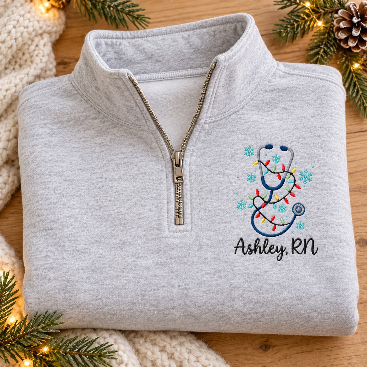 Christmas Lights Stethoscope — Personalized Embroidered Quarter Zip