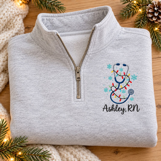Christmas Lights Stethoscope — Personalized Embroidered Quarter Zip