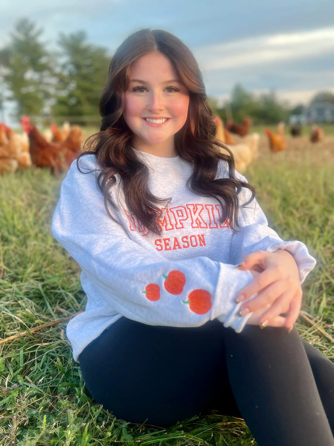Pumpkin Season with 3 Pumpkin Sleeve Embroidered Sweatshirt