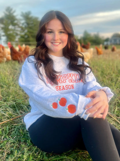 Pumpkin Season with 3 Pumpkin Sleeve Embroidered Sweatshirt